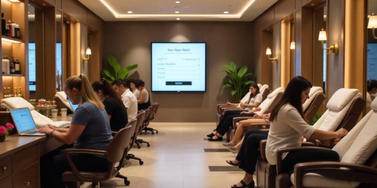 A nail salon professional providing manicure services to a happy client, enhancing customer experience and boosting salon bookings