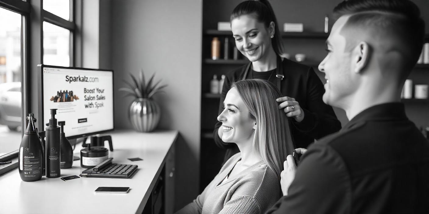 A modern salon with a hairstylist attending to a happy client, featuring an online booking system and loyalty program. Includes "SPARKALZ.COM".