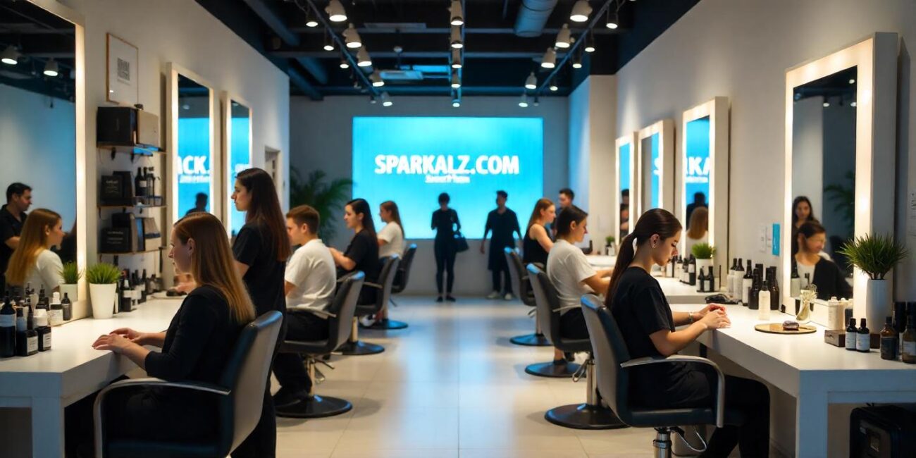 A stylish salon with professional staff providing hairstyling, nail care, and skincare treatments to clients. The salon features a modern and elegant ambiance key trends for the salon industry