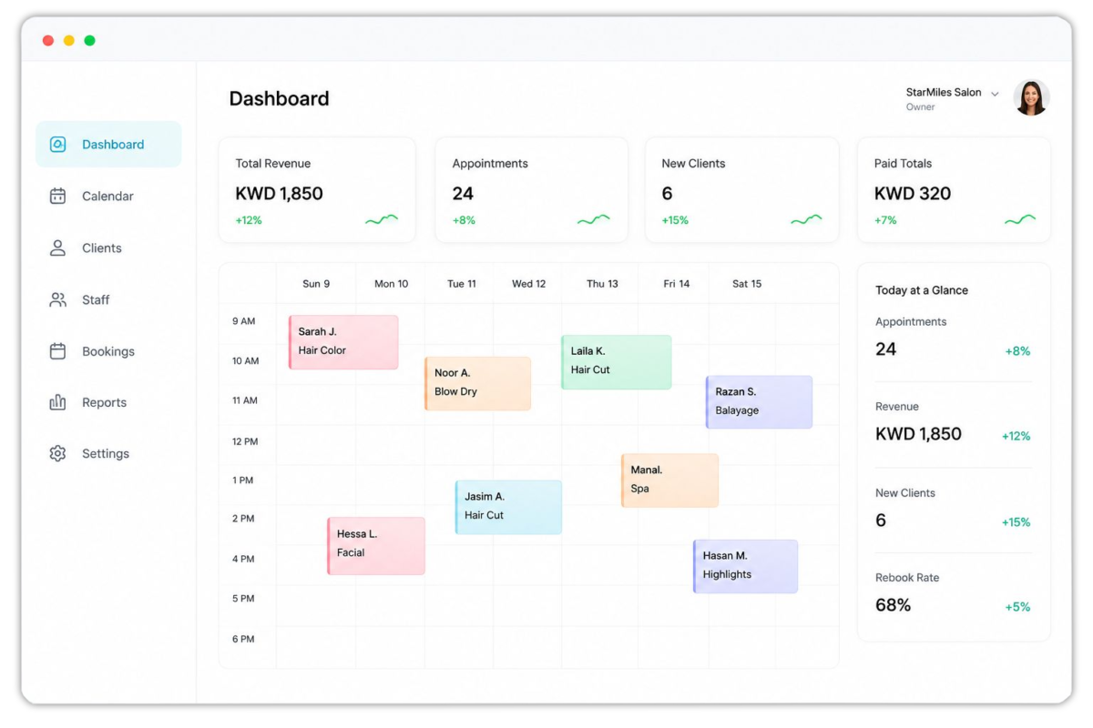 Sparkalz salon dashboard with live calendar, sales and client insights